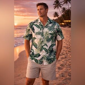 H&M Men’s Medium Tropical Hawaiian Shirt Green Palm Leaf Button Down